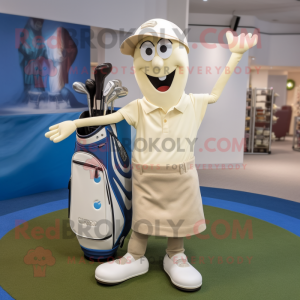 Cream Golf Bag mascot costume character dressed with a Boyfriend Jeans and Shoe clips