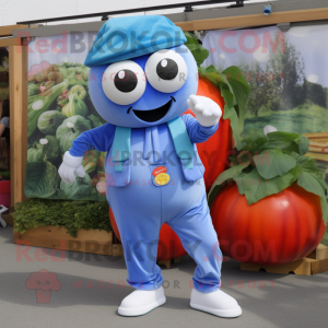 Blue Tomato mascot costume character dressed with a Overalls and Cummerbunds