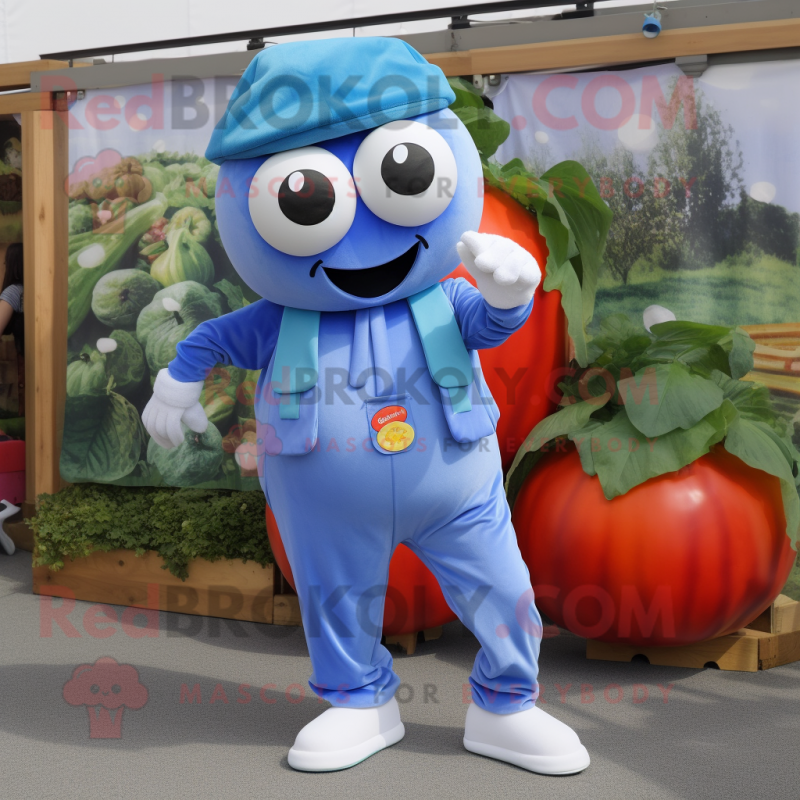Blue Tomato mascot costume character dressed with a Overalls and Cummerbunds Blue Tomato mascot costume character dressed with a Overalls and Cummerbunds