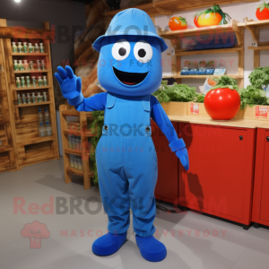 Blue Tomato mascot costume character dressed with a Overalls and Cummerbunds