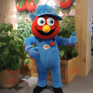 Blue Tomato mascot costume character dressed with a Overalls and Cummerbunds