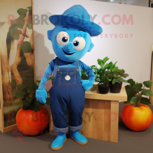 Blue Tomato mascot costume character dressed with a Overalls and Cummerbunds
