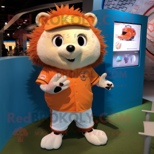 Orange Hedgehog mascot costume character dressed with a Baseball Tee and Smartwatches