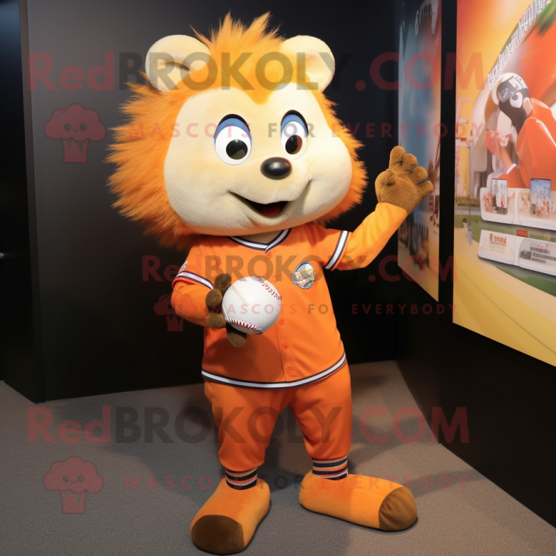 Orange Hedgehog mascot costume character dressed with a Baseball Tee and Smartwatches