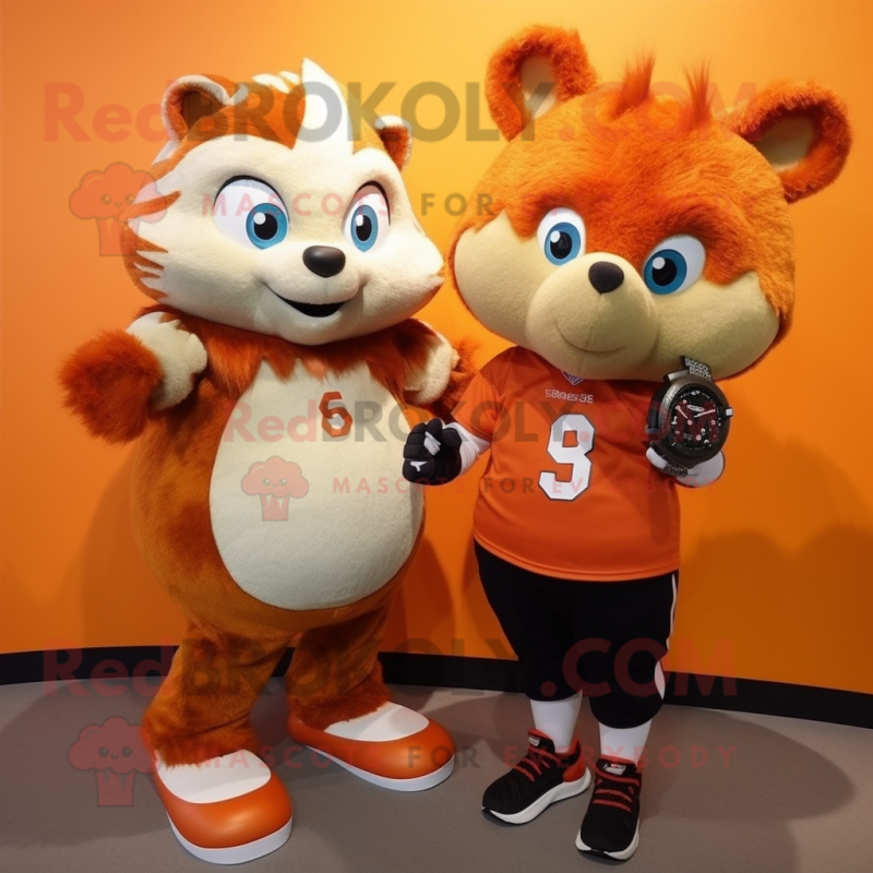 Orange Hedgehog mascot costume character dressed with a Baseball Tee and Smartwatches