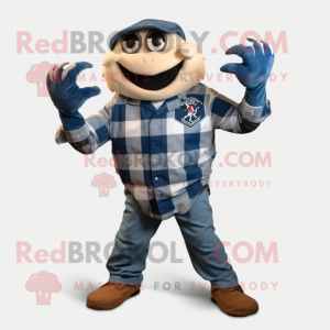 Navy Crab mascot costume character dressed with a Flannel Shirt and Belts