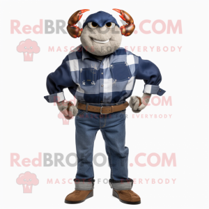 Navy Crab mascot costume character dressed with a Flannel Shirt and Belts