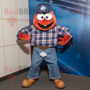 Navy Crab mascot costume character dressed with a Flannel Shirt and Belts