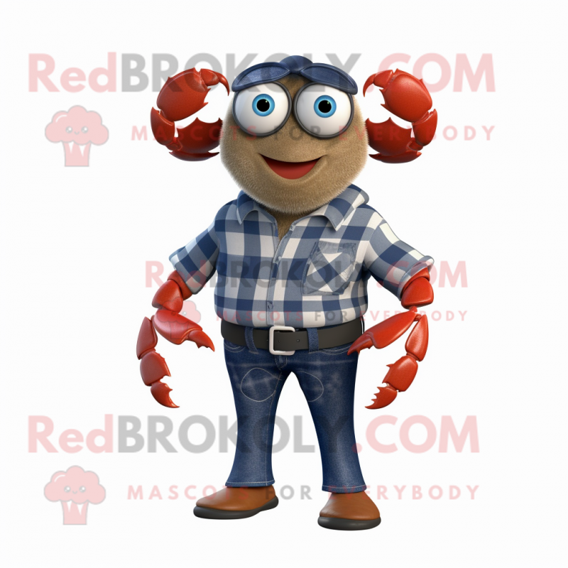 Navy Crab mascot costume character dressed with a Flannel Shirt and Belts