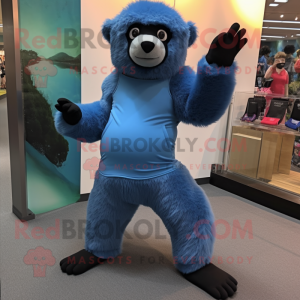 Blue Sloth Bear mascot costume character dressed with a Leggings and Foot pads