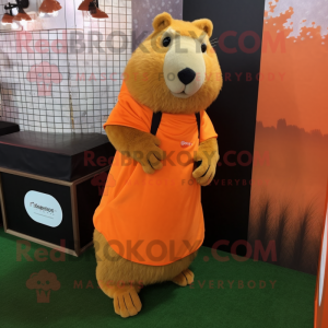 Orange Capybara mascot costume character dressed with a A-Line Dress and Messenger bags