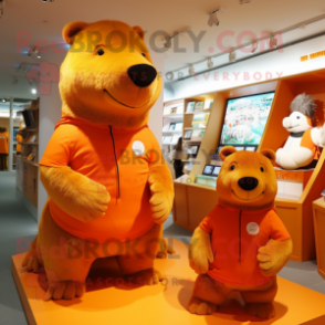 Orange Capybara mascot costume character dressed with a A-Line Dress and Messenger bags