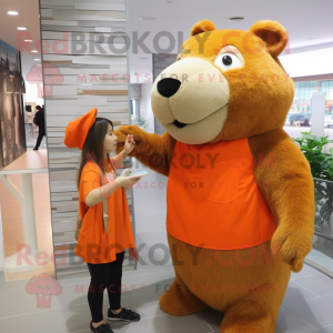 Orange Capybara mascot costume character dressed with a A-Line Dress and Messenger bags