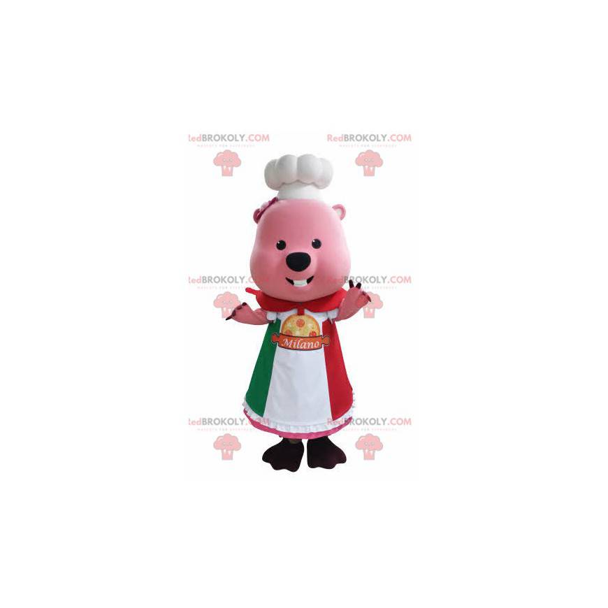 Pink marmot beaver mascot with a toque and an apron -