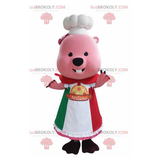 Mascotte castoro marmotta rosa con un cappello e un grembiule -