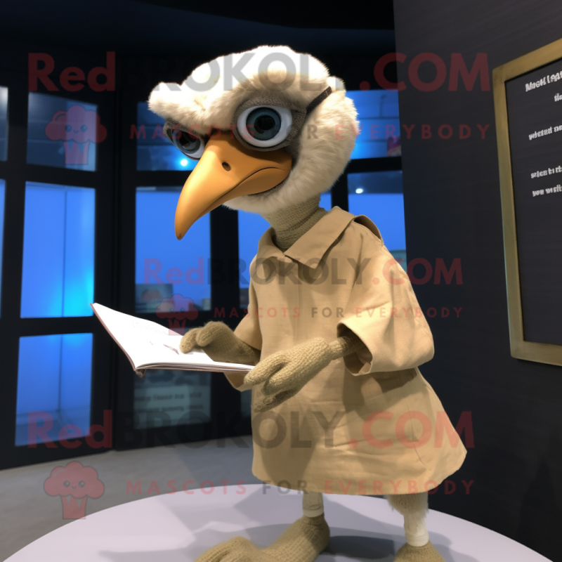 Beige Dodo Bird mascot costume character dressed with a Shorts and Reading glasses