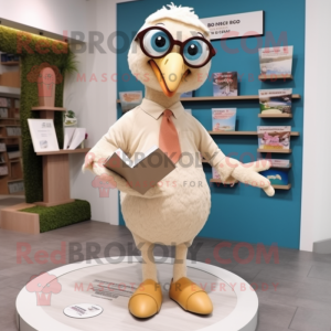 Beige Dodo Bird mascot costume character dressed with a Shorts and Reading glasses