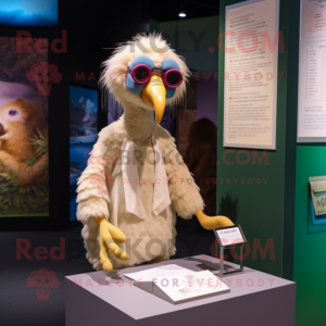 Beige Dodo Bird mascot costume character dressed with a Shorts and Reading glasses