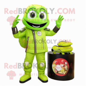 Lime Green Dim Sum mascot costume character dressed with a Moto Jacket and Coin purses