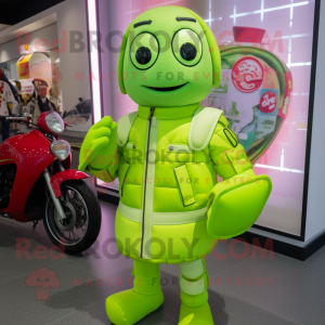 Lime Green Dim Sum mascot costume character dressed with a Moto Jacket and Coin purses
