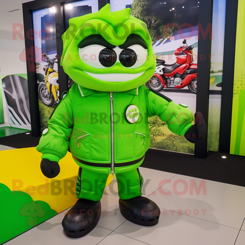 Lime Green Dim Sum mascot costume character dressed with a Moto Jacket and Coin purses Lime Green Dim Sum mascot costume character dressed with a Moto Jacket and Coin purses