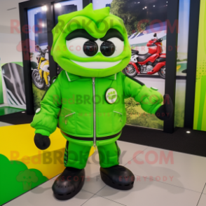 Lime Green Dim Sum mascot costume character dressed with a Moto Jacket and Coin purses