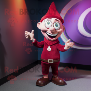 Maroon Elf mascot costume character dressed with a Sweater and Lapel pins