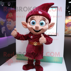 Maroon Elf mascot costume character dressed with a Sweater and Lapel pins