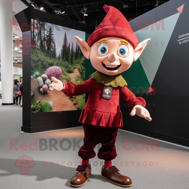 Maroon Elf mascot costume character dressed with a Sweater and Lapel pins Maroon Elf mascot costume character dressed with a Sweater and Lapel pins