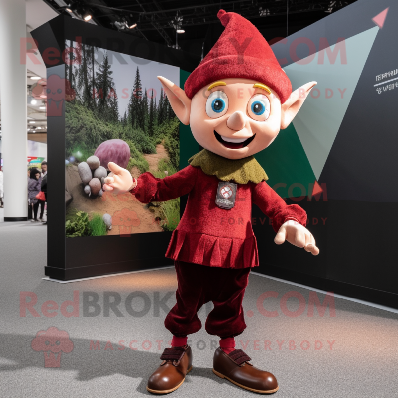 Maroon Elf mascot costume character dressed with a Sweater and Lapel pins