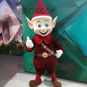 Maroon Elf mascot costume character dressed with a Sweater and Lapel pins