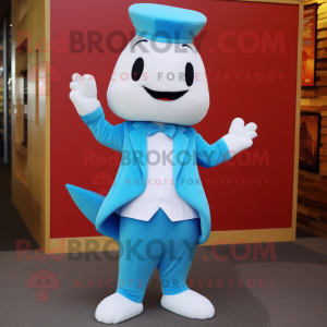 Cyan Ermine mascot costume character dressed with a Suit Pants and Cummerbunds