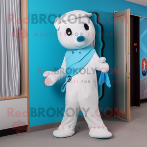 Cyan Ermine mascot costume character dressed with a Suit Pants and Cummerbunds