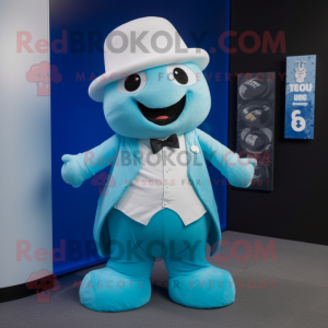 Cyan Ermine mascot costume character dressed with a Suit Pants and Cummerbunds