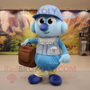 Blue Apricot mascot costume character dressed with a Cargo Shorts and Messenger bags