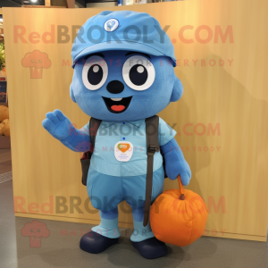 Blue Apricot mascot costume character dressed with a Cargo Shorts and Messenger bags