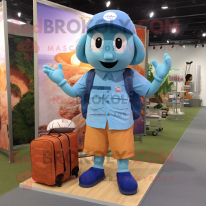 Blue Apricot mascot costume character dressed with a Cargo Shorts and Messenger bags
