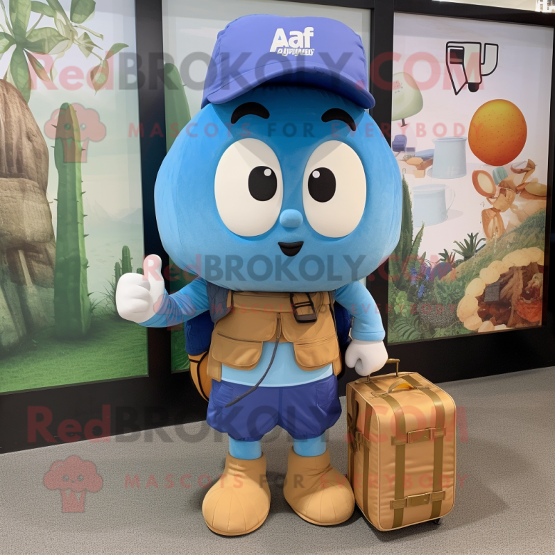 Blue Apricot mascot costume character dressed with a Cargo Shorts and Messenger bags