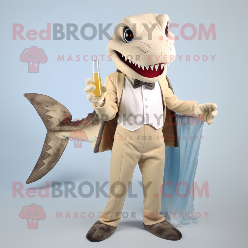 Beige Barracuda mascot costume character dressed with a Cocktail Dress and Pocket squares