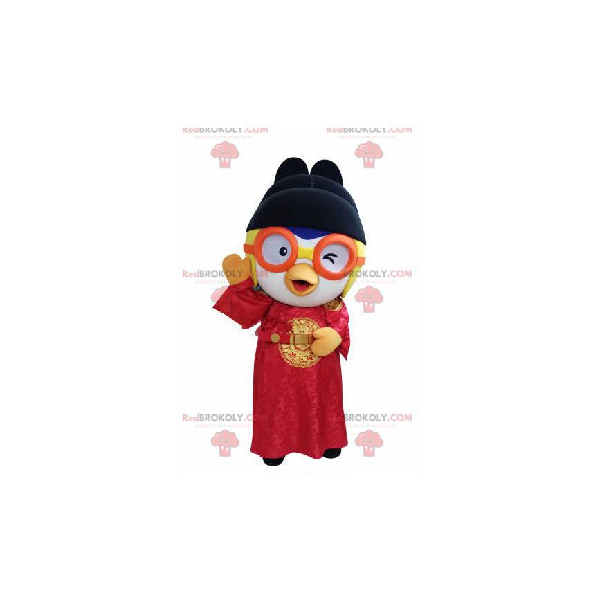 Mascotte d'oiseau en tenue asiatique avec des lunettes -