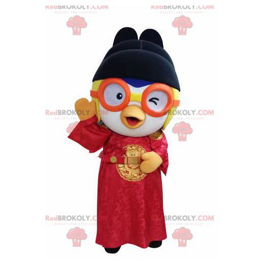 Pássaro mascote em traje asiático com óculos - Redbrokoly.com
