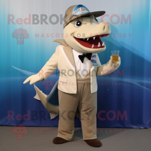 Beige Barracuda mascot costume character dressed with a Cocktail Dress and Pocket squares