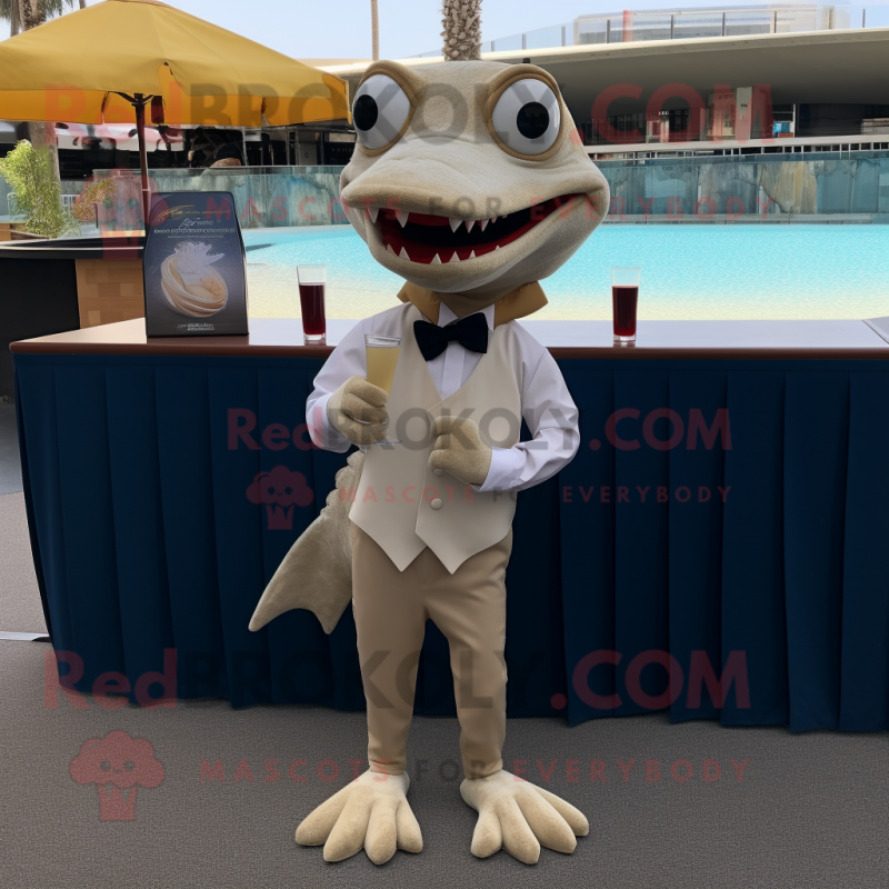 Beige Barracuda mascot costume character dressed with a Cocktail Dress and Pocket squares