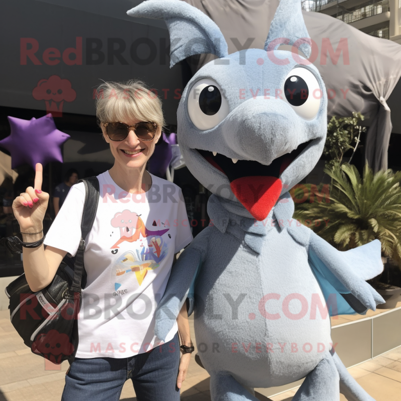 Gray Pterodactyl mascot costume character dressed with a Mom Jeans and Keychains