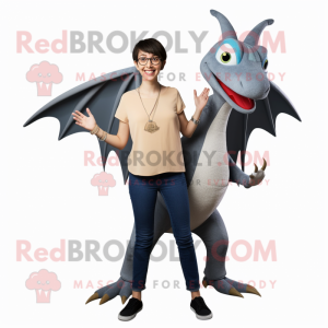 Gray Pterodactyl mascot costume character dressed with a Mom Jeans and Keychains