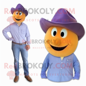 Purple Apricot mascot costume character dressed with a Denim Shirt and Hats