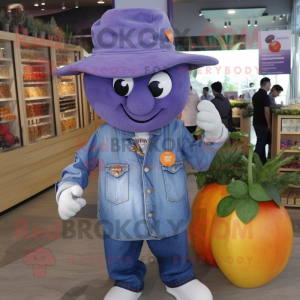 Purple Apricot mascot costume character dressed with a Denim Shirt and Hats