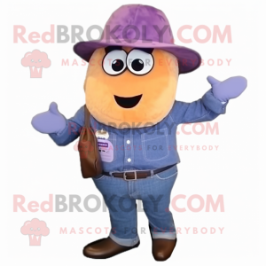 Purple Apricot mascot costume character dressed with a Denim Shirt and Hats