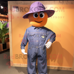 Purple Apricot mascot costume character dressed with a Denim Shirt and Hats