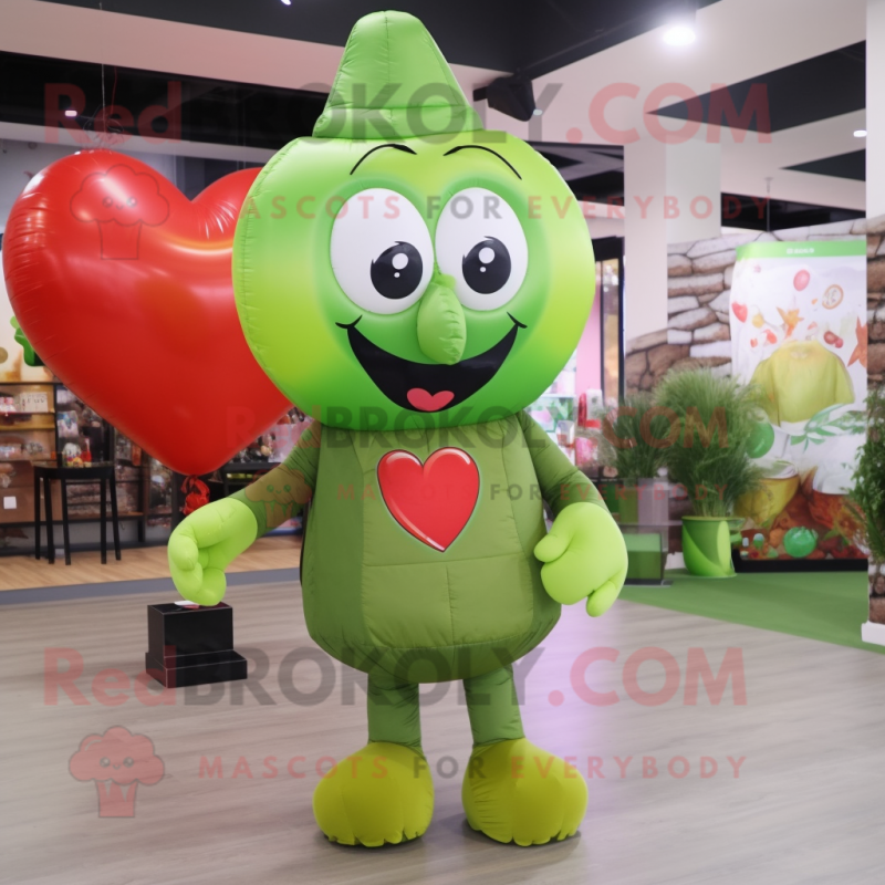 Olive Heart Shaped Balloons mascot costume character dressed with a Cover-up and Caps Olive Heart Shaped Balloons mascot costume character dressed with a Cover-up and Caps